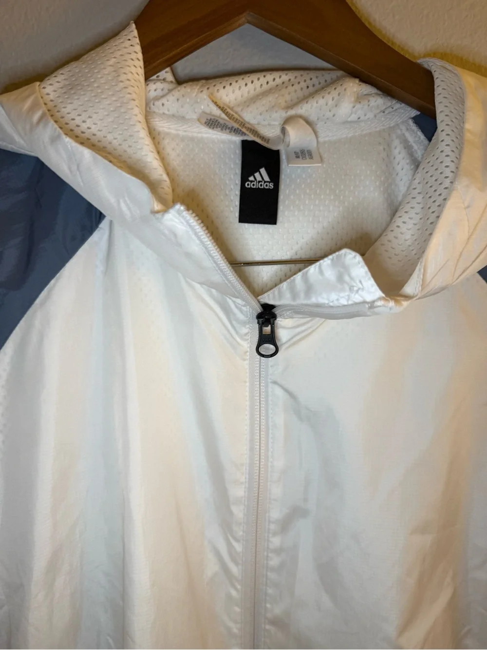 adidas White and Navy Colorblock Hooded Windbreaker